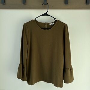Ganni 1567 Clark Blouse Size M Olive Green Bell Sleeve Minimalist Top
